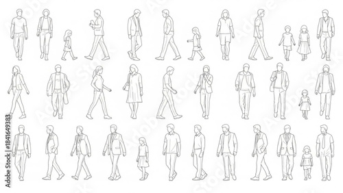 Black and white line art illustrations of people walking in various poses and outfits