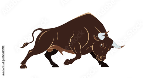 Stylized bull with strong posture and sharp horns on a plain background displaying power