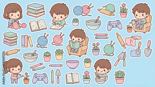 Cute Kawaii Illustrations of Children Enjoying Hobbies and Creative Activities like Knitting Reading and Gardening