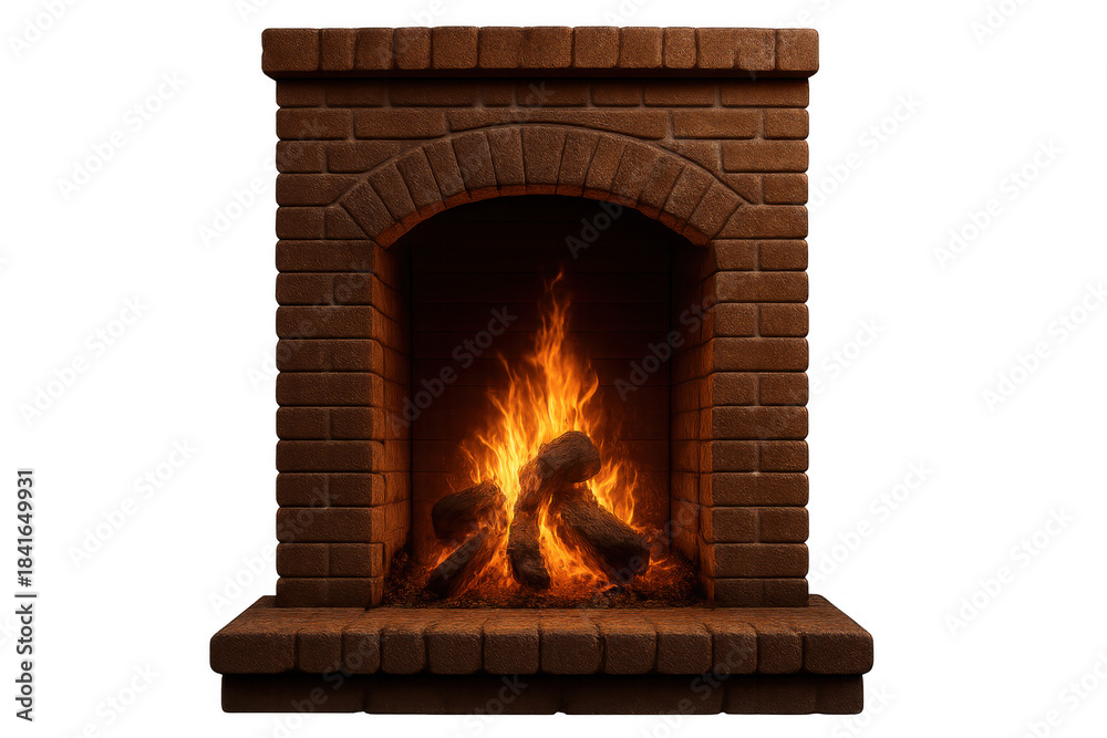 Obraz premium Brick fireplace with active fire, burning logs providing warmth and cozy ambiance on transparent background