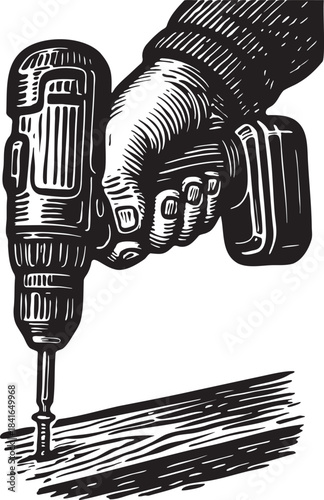 Hand using cordless drill in detailed linocut etching style construction and DIY vector artwork