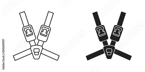 Two stylized illustrations of a car seat harness for child safety