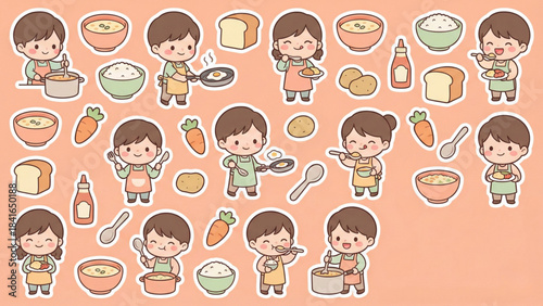 Adorable cartoon cooking character stickers, illustrating delightful meal preparation with various food items and kitchen tools in a charming, playful style