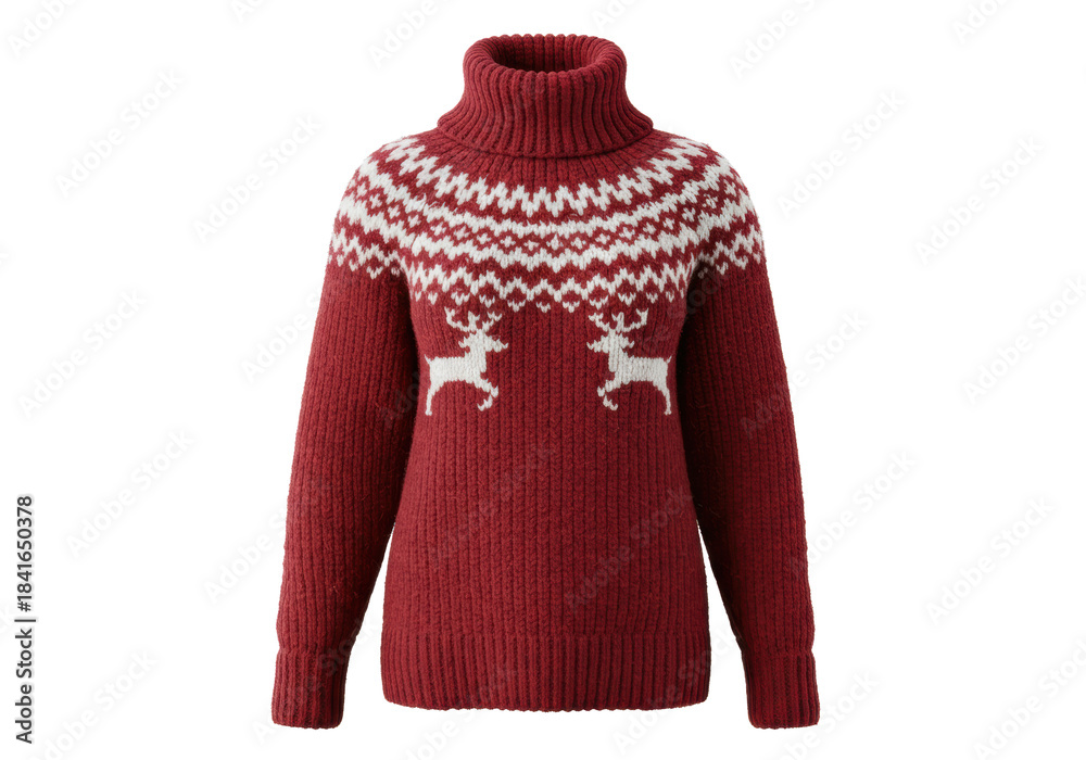 Obraz premium highly detailed chunky knit cranberry red wool-cashmere blend turtleneck sweater with intricate white fair isle pattern, neatly folded and isolated against a bright white background. concept of cozy