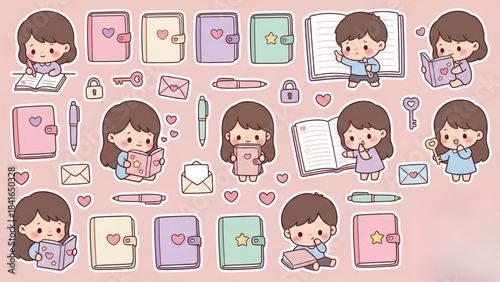 Delightful collection of adorable cartoon characters, notebooks, and elements, illustrating sweet daily activities, learning, and tender moments of connection in a charming, versatile sticker style