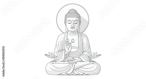 Serene representation of seated buddha in contemplation, minimalist line art rendition
