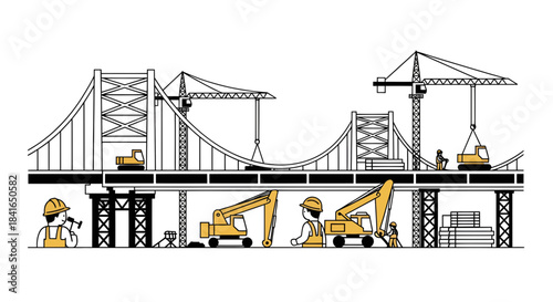 Simplified illustration portraying the construction of a bridge with heavy machinery and workers