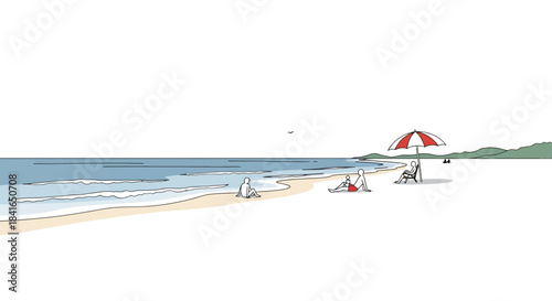 Stylized beach scene capturing tranquil moments of people enjoying the coastal landscape