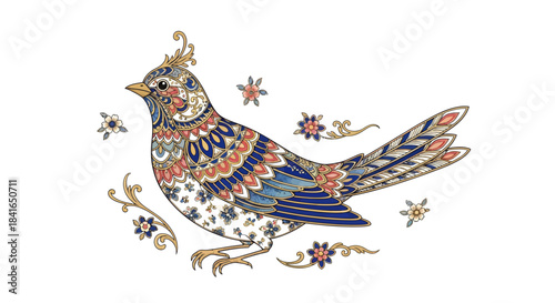 Stylized bird illustration with intricate patterns and floral elements on white background