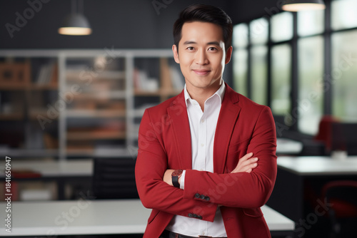 businessman asian male in red jacket ceo standing in office