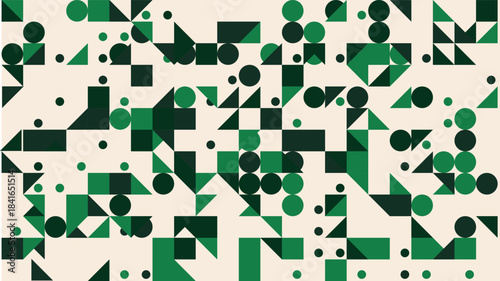 Geometric abstract pattern with diverse shapes and shades of green on a cream background.