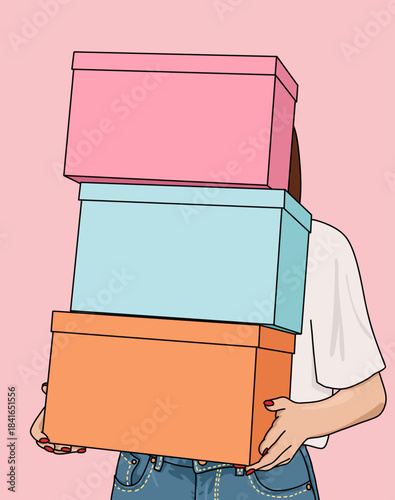 Woman Carrying by Hand a Pile of Blank Colourful Cardboard Boxes. Mockup Template with Copy Space for Moving Services, Retail and Sopping Sale, Delivery, Relocation Logistics, Shipping Business