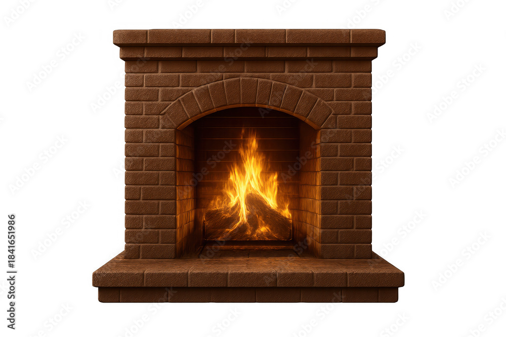 Obraz premium Brick fireplace with crackling fire and burning logs, providing warmth and a cozy home atmosphere, transparent background