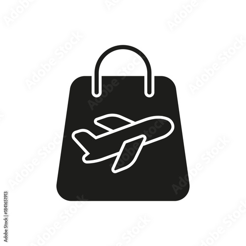 Shopping Bag With Airplane Solid Icon. Travel Retail, Aviation Merchandise, And Airport Shopping Silhouette Symbol. Tourism Purchase. Isolated Vector Illustration