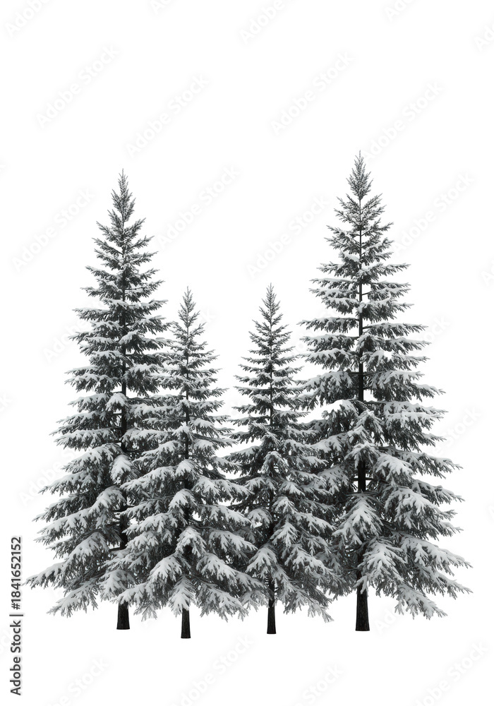 Fototapeta premium Four detailed evergreen pine trees with dark bark, heavily dusted with pristine white snow, isolated on a pure white high-key studio background. Concept of winter precision and purity