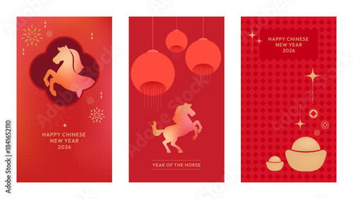 Chinese New Year 2026 greeting card set with red and gold designs, lanterns, gold ingots, and a stylized horse for the Year of the Horse.