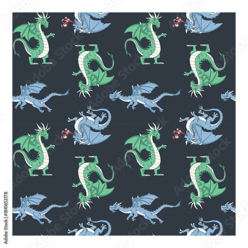 Dragon seamless pattern with cartoon reptiles on dark background
