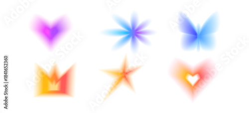 Heart, flower y2k gradient icon. Gradation colors shapes. Butterfly, crown blur simple elements. Soft smooth retro figures. Blurry gradient textured. Vector illustration on transparent background.