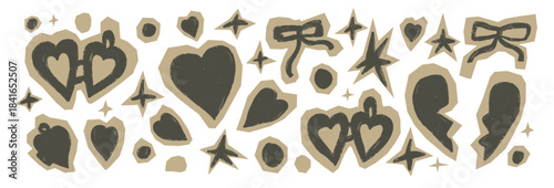 Paper hearts cutout with texture crayon for a scrapbook or love theme. Collage has a torn heart stickers and a cut icon in a locket shape. Ideal for valentine crafts and journal backgrounds.