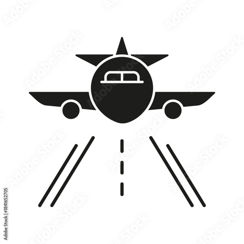 Airplane Landing On Runway Solid Icon. Aviation, Airport Arrival, And Safe Flight Silhouette Symbol. Travel And Transportation Industry Representation. Isolated Vector Illustration