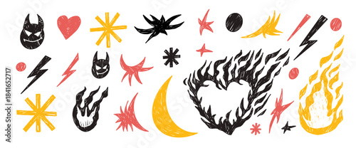 Pastel brush fire punk rock doodles elements set. Funky devil, moon, flames set. Doodle burned heart, lightning icons. Crayon stickers for collage. Vector naive simple scribble elements isolated no bg