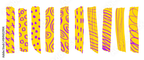 Colorful washi tape collection with decorative paper strips, sticky masking elements, and childish scrapbook stickers for creative craft projects and journal decoration. Yellow purple design isolated.