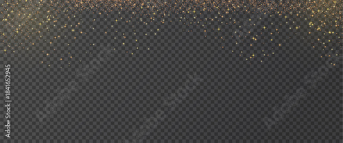 Gold glitter spray background. Shimmer golden effect for beauty banners. Shiny confetti, stardust light Christmas vibe texture. Festive warm xmas particles on dark background. Vector illustration.