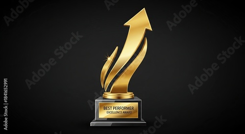 Stunning golden best performer excellence award trophy symbolizes success and upward business growth against a dark background