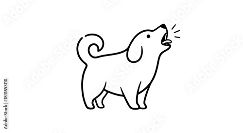 Minimalist black and white line art illustration of a barking dog with expressive lines