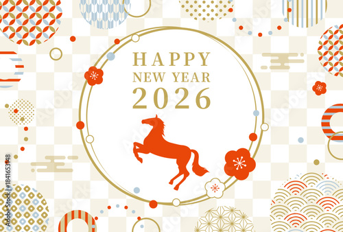2026年 午年　馬と梅と和柄　おしゃれな年賀状	
