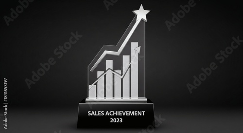 Stunning silver sales achievement trophy with upward trending bar graph signifies incredible business growth and success