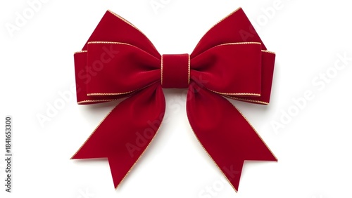 A beautiful red velvet ribbon bow with gold stitching isolated on white background
