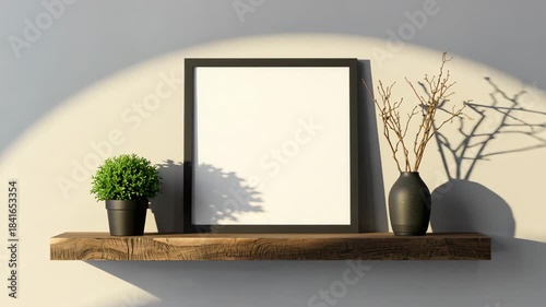 Blank frame and potted plant on wooden shelf as sunlight casts moving shadows