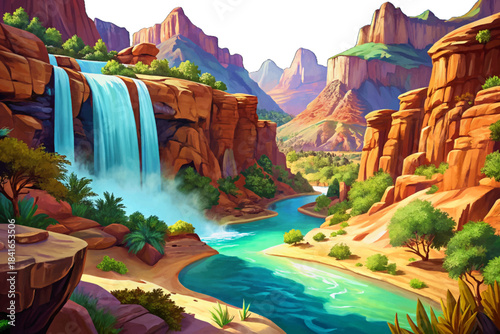 Havasu Falls features striking turquoise water flowing over vibrant red rock, forming one of the most visually stunning and remote waterfall locations within the Grand Canyon region