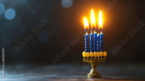 Beautiful holiday candle with four flames glowing brightly, symbolizing celebration and warmth