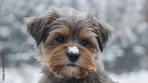 Cute puppy with snow on nose in snowy forest close-up