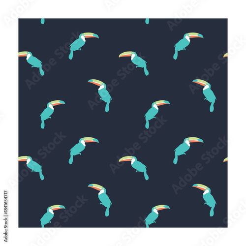 Toucan seamless pattern with tropical birds on dark background