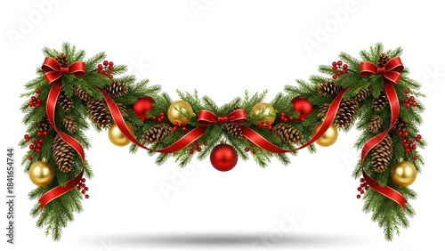 Festive christmas garland with red ribbons and ornaments isolated on white background