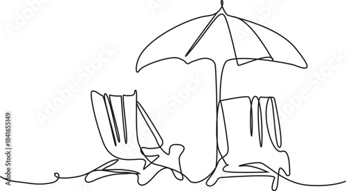 One Line Beach Scene with Deck Chairs - Minimalist Holiday Sketch - beach chair, umbrella, parasol, summer, vacation, holiday, continuous line, one line drawing, minimalist, vector, illustration, sket