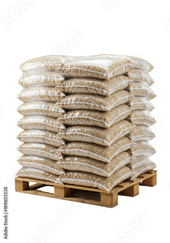 commercial stack of uniform wood pellets biofuel in transparent plastic bags wrapped in highly reflective stretch film on a wooden pallet, isolated white studio. concept of renewable energy logistics