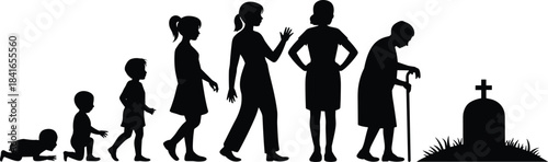 PrintBlack Silhouette Life Cycle Vector Set, Woman's Aging Process from Baby to Elderly and Gravestone Icon, Stages of Human Life and Time Passing Concept