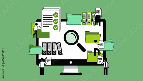 Tiny business people meticulously organize digital files and documents on a large computer screen