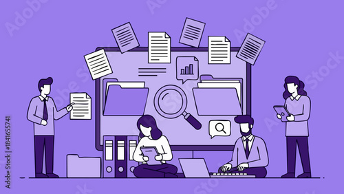 Business team collaborating on digital document management and data organization using technology tools