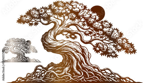 Stylized silhouette of an ancient gnarled bonsai tree with rich brown metallic texture against black