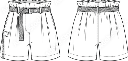 PrintPaper Bag Waist Shorts Flat Technical Sketch, Fashion Design Vector Illustration, High Rise, Pleated Detail, Utility Pocket, Woven Belt with Diamond Pattern, Front and Back View