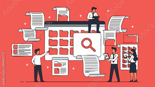 Business team managing digital data files and searching information within a large online database system