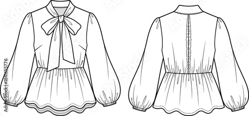 PrintPussy Bow Blouse Fashion Technical Drawing Vector, Puff Sleeves, Peplum Hem, Women's Wear Flat Sketch, Style Illustration Template.