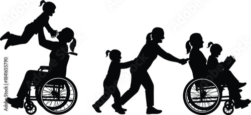 Children interacting with woman in wheelchair silhouette, family support and care illustration showing love, connection, disability awareness, inclusive parenting, childhood bonding, compass