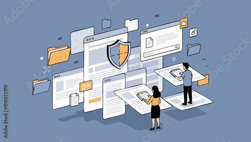 Cybersecurity concept with people managing data security and digital documents protected by a shield icon