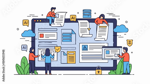 Tiny team collaborating on large digital interface managing data documents and artificial intelligence integration